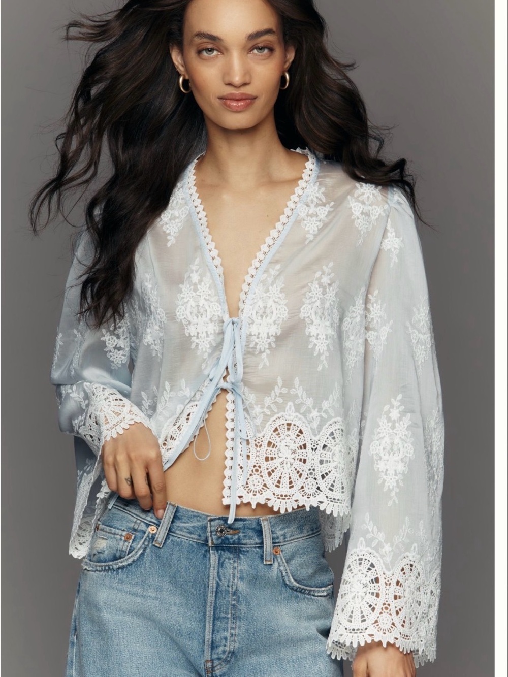 NWOT Anthropologie Pale Blue Sheer Embroidered Tie-Front Blouse